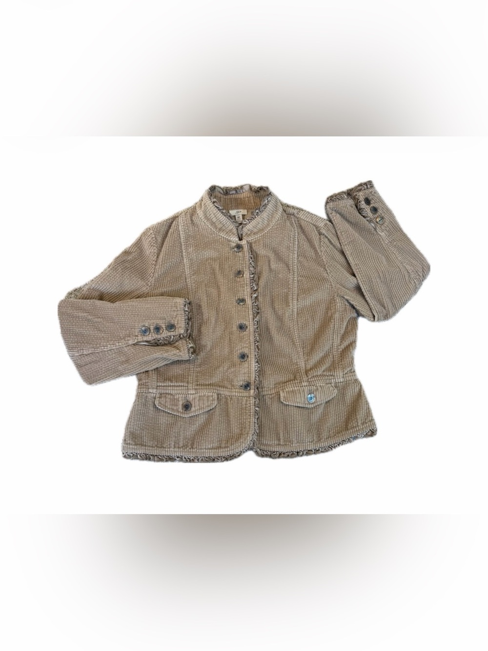 J Jill Corduroy Velvet Ruffle Trim Boho Womens Medium Petite Tan Jacket Classic